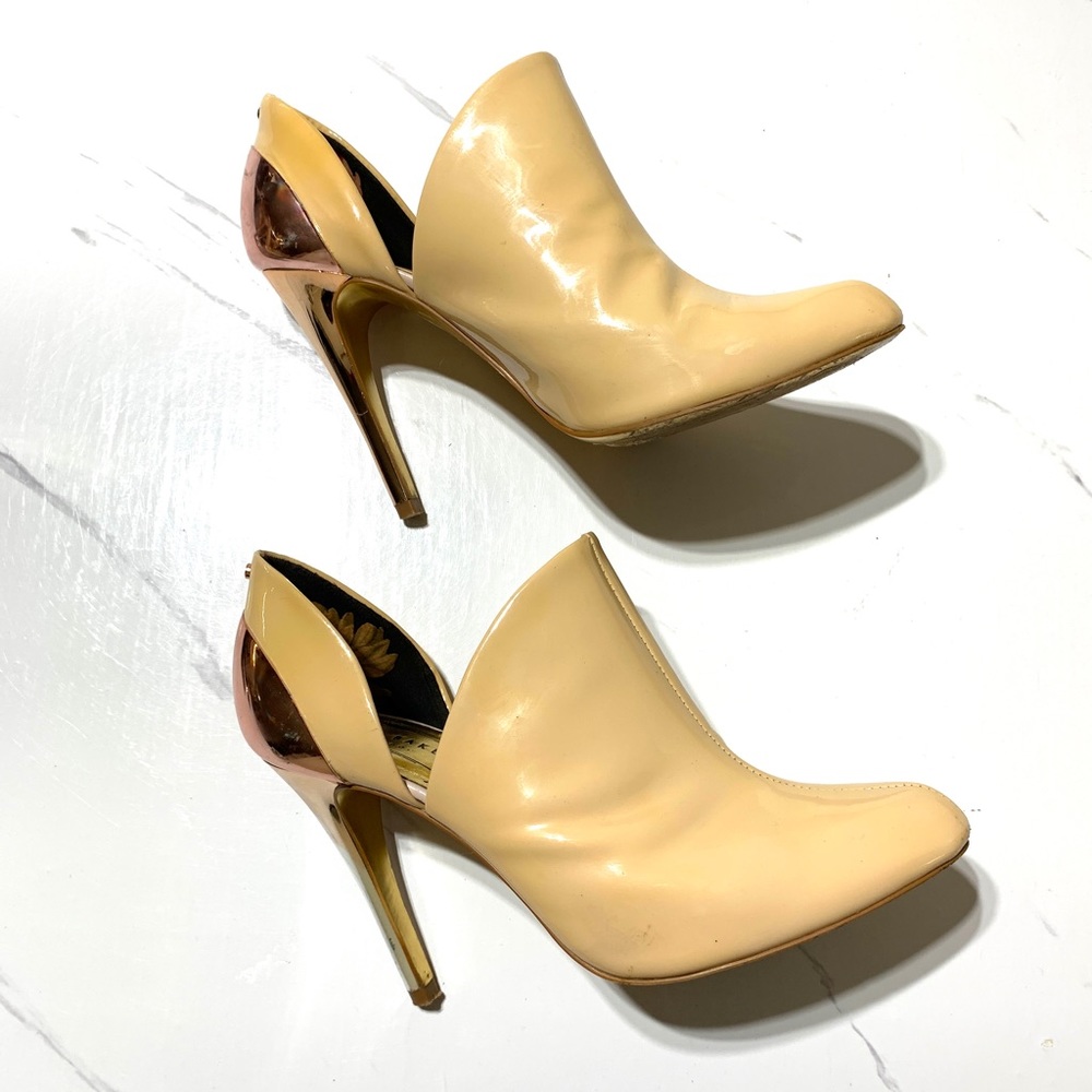 TED BAKER LONDON Wheat Patent Slip On Booties Rose Gold Heels Sz 37 - Picture 3 of 12